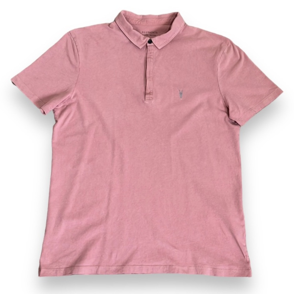 All Saints Grail Short Sleeve Polo Shirt Size Large Pink Ramskull Embroidery
